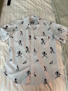 RSVLTS White Short-Sleeve Button-Down Shirt with Baseball Player Print